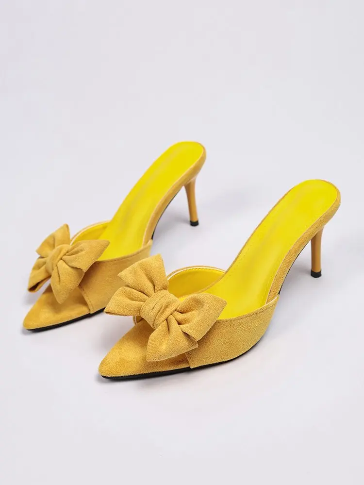 Women Bow Decor Slide Mules, Pointed Open Toe Stiletto High Heel Slippers, Solid Color Suede Summer Party Sandals