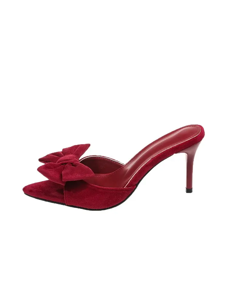 Women Bow Decor Slide Mules, Pointed Open Toe Stiletto High Heel Slippers, Solid Color Suede Summer Party Sandals