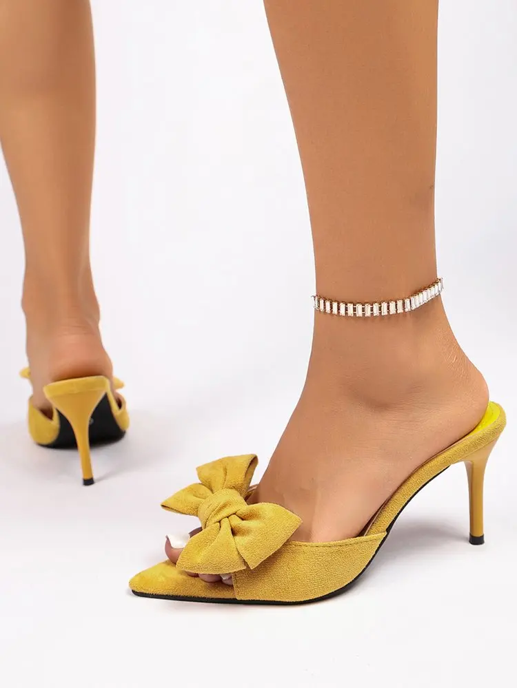 Women Bow Decor Slide Mules, Pointed Open Toe Stiletto High Heel Slippers, Solid Color Suede Summer Party Sandals