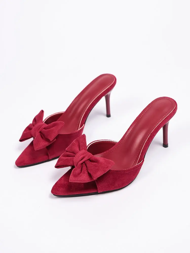 Women Bow Decor Slide Mules, Pointed Open Toe Stiletto High Heel Slippers, Solid Color Suede Summer Party Sandals