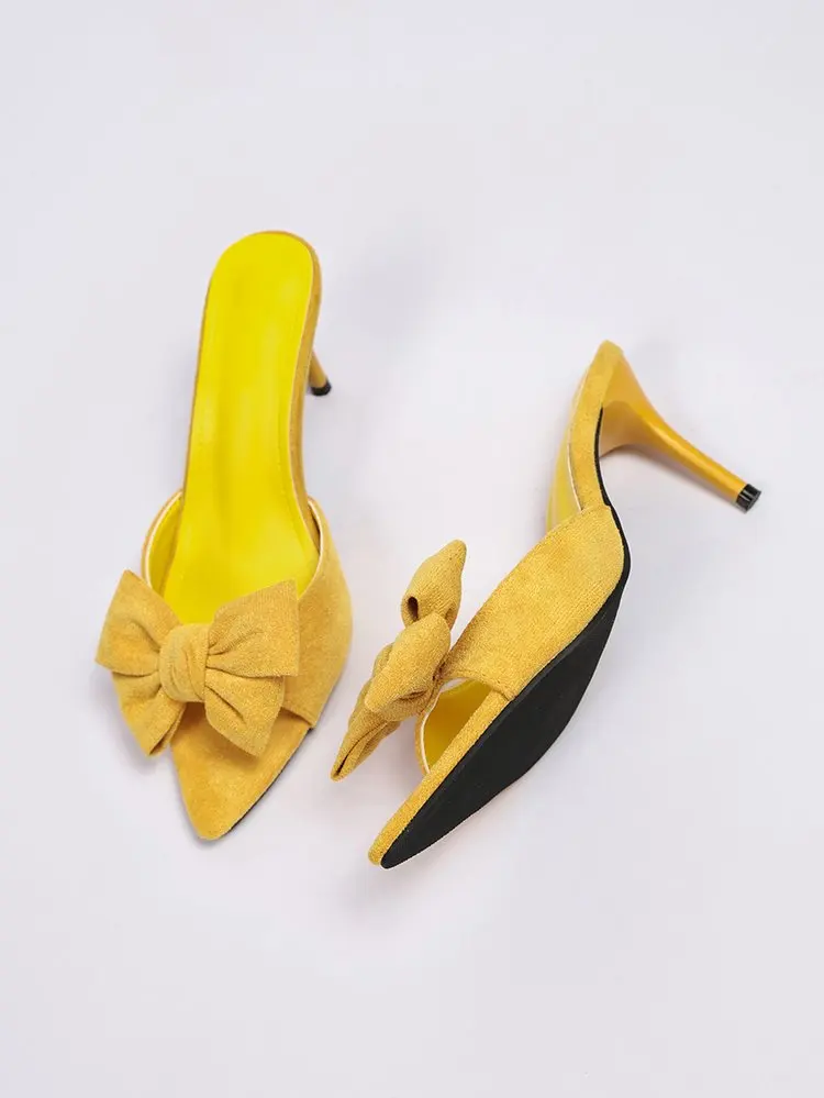 Women Bow Decor Slide Mules, Pointed Open Toe Stiletto High Heel Slippers, Solid Color Suede Summer Party Sandals