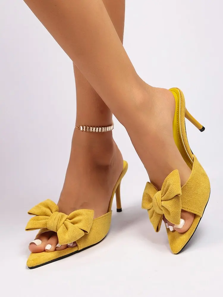 Women Bow Decor Slide Mules, Pointed Open Toe Stiletto High Heel Slippers, Solid Color Suede Summer Party Sandals