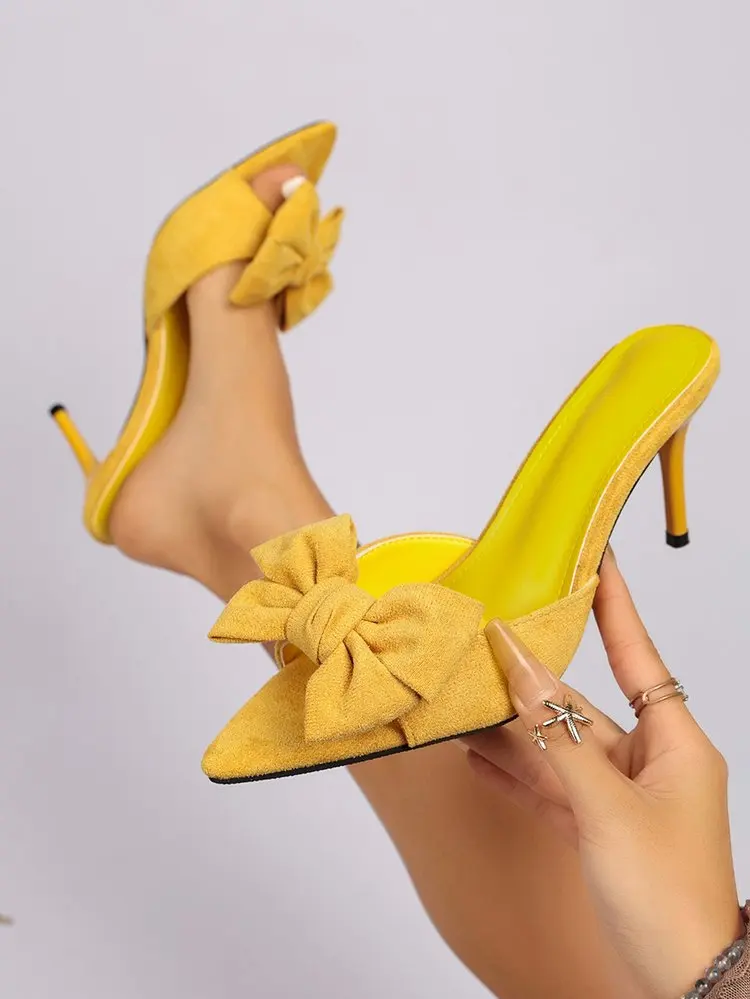 Women Bow Decor Slide Mules, Pointed Open Toe Stiletto High Heel Slippers, Solid Color Suede Summer Party Sandals