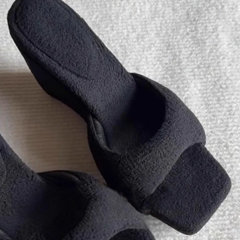 Flip-Flops Autumn New Square Toe Open Toe Plus Suede Warm Non-Slip Wear-Resistant Wedge Heel Slippers
