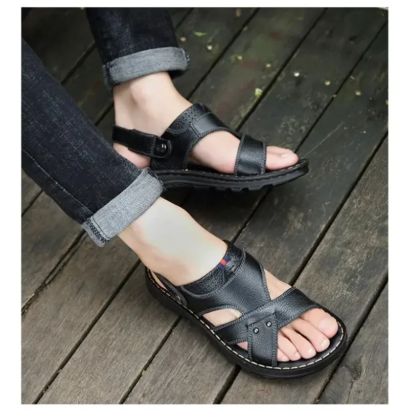 Summer Men Leather Sandals Leather Non-slip Men Shoes Slippers Outdoor Thick-soled Beach Shoes Comfor Soft Men Sandas