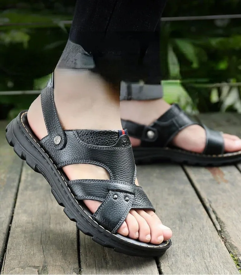 Summer Men Leather Sandals Leather Non-slip Men Shoes Slippers Outdoor Thick-soled Beach Shoes Comfor Soft Men Sandas