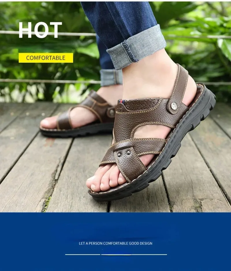 Summer Men Leather Sandals Leather Non-slip Men Shoes Slippers Outdoor Thick-soled Beach Shoes Comfor Soft Men Sandas