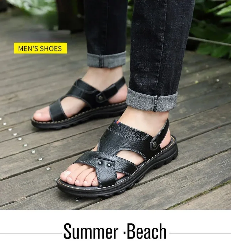 Summer Men Leather Sandals Leather Non-slip Men Shoes Slippers Outdoor Thick-soled Beach Shoes Comfor Soft Men Sandas