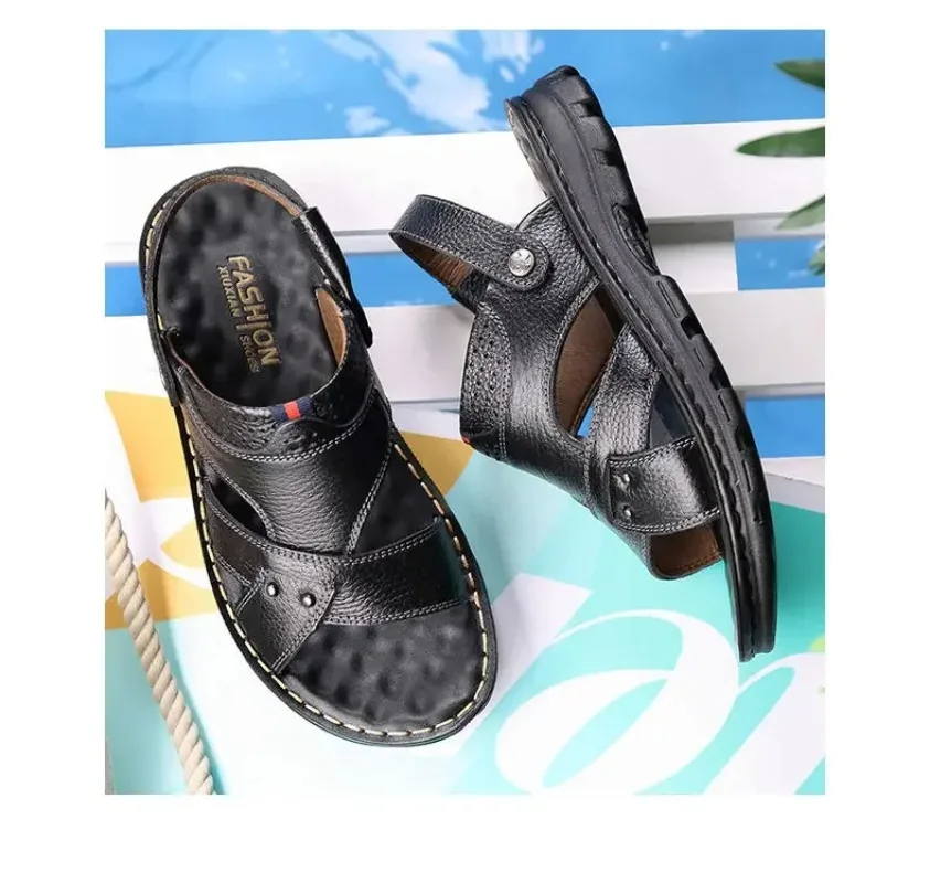Summer Men Leather Sandals Leather Non-slip Men Shoes Slippers Outdoor Thick-soled Beach Shoes Comfor Soft Men Sandas