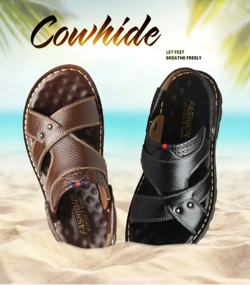 Summer Men Leather Sandals Leather Non-slip Men Shoes Slippers Outdoor Thick-soled Beach Shoes Comfor Soft Men Sandas