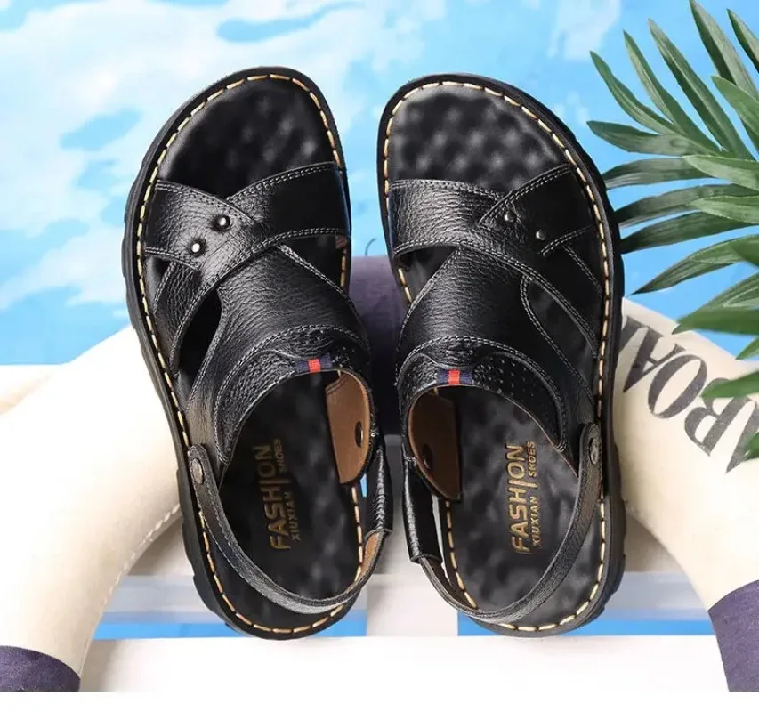 Summer Men Leather Sandals Leather Non-slip Men Shoes Slippers Outdoor Thick-soled Beach Shoes Comfor Soft Men Sandas