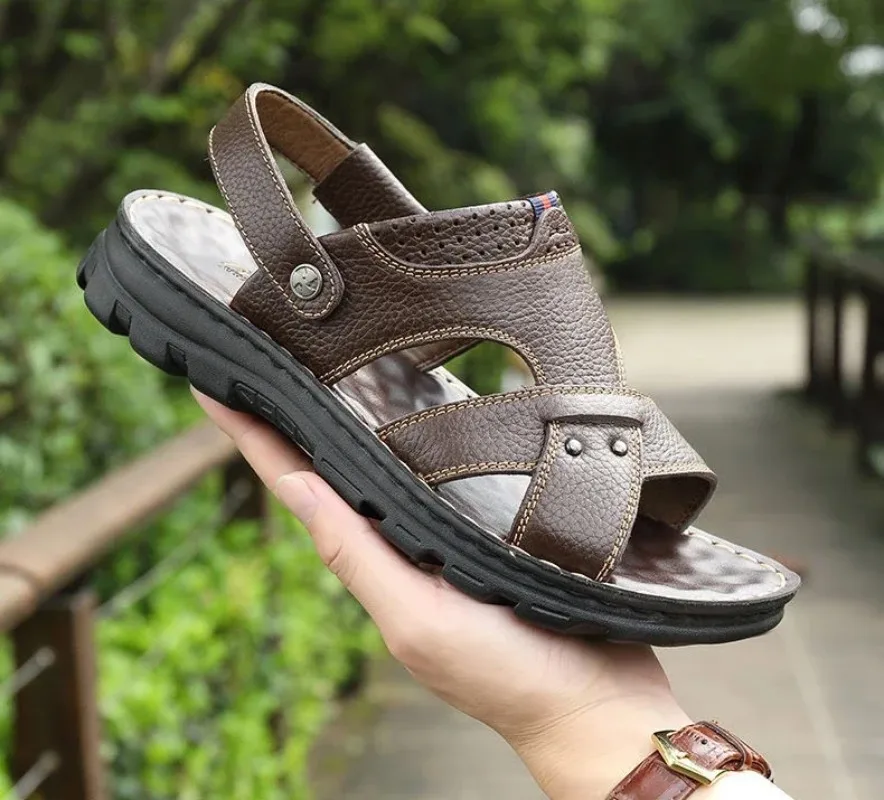 Summer Men Leather Sandals Leather Non-slip Men Shoes Slippers Outdoor Thick-soled Beach Shoes Comfor Soft Men Sandas
