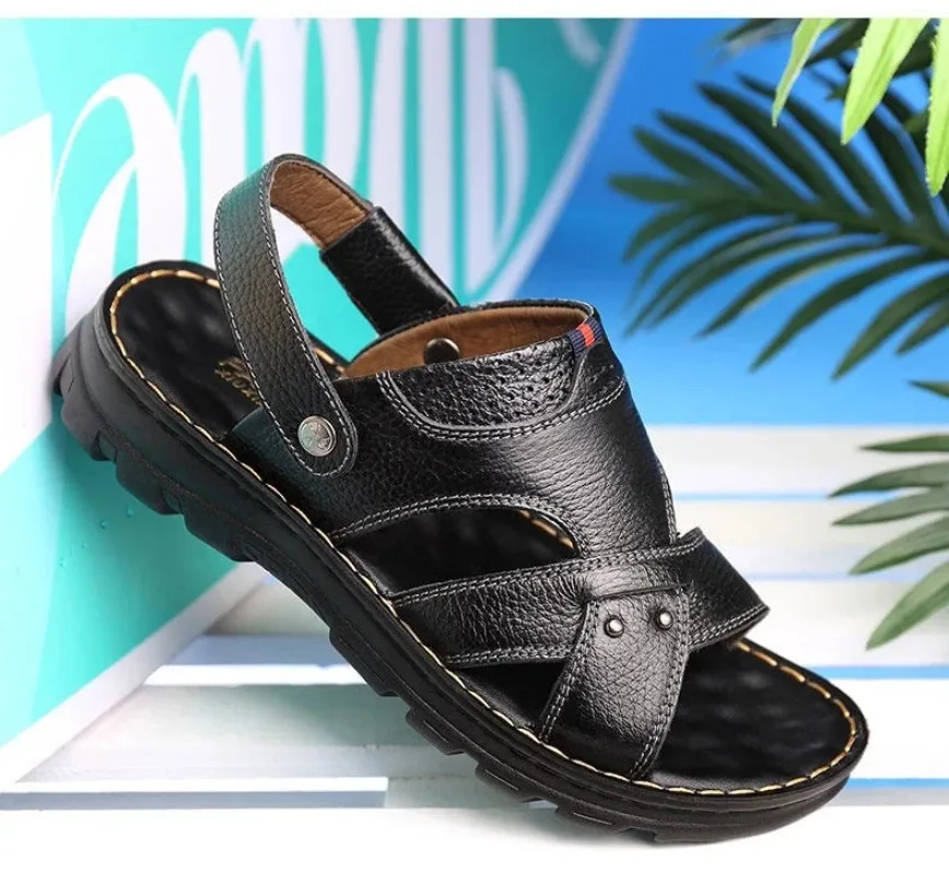 Summer Men Leather Sandals Leather Non-slip Men Shoes Slippers Outdoor Thick-soled Beach Shoes Comfor Soft Men Sandas