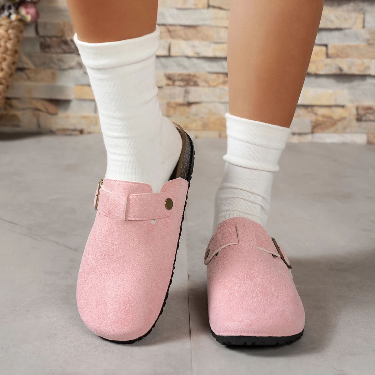 Women Suede Clog Mule Slippers Adjustable Buckle Closed Toe Backless Flat Indoor Outdoor Casual Shoes