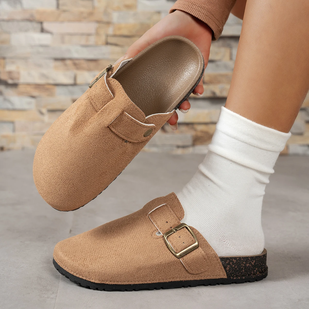 Women Suede Clog Mule Slippers Adjustable Buckle Closed Toe Backless Flat Indoor Outdoor Casual Shoes