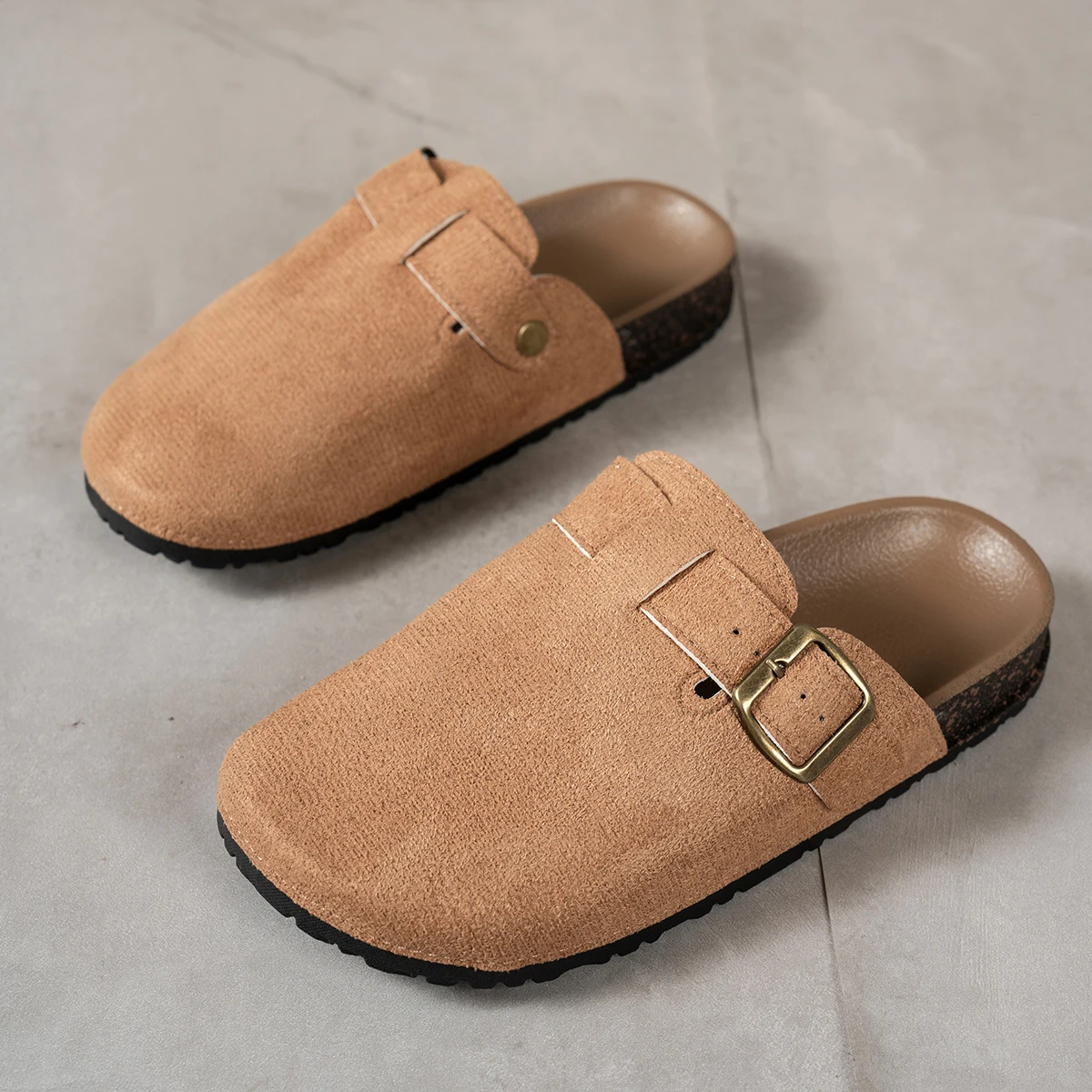 Women Suede Clog Mule Slippers Adjustable Buckle Closed Toe Backless Flat Indoor Outdoor Casual Shoes