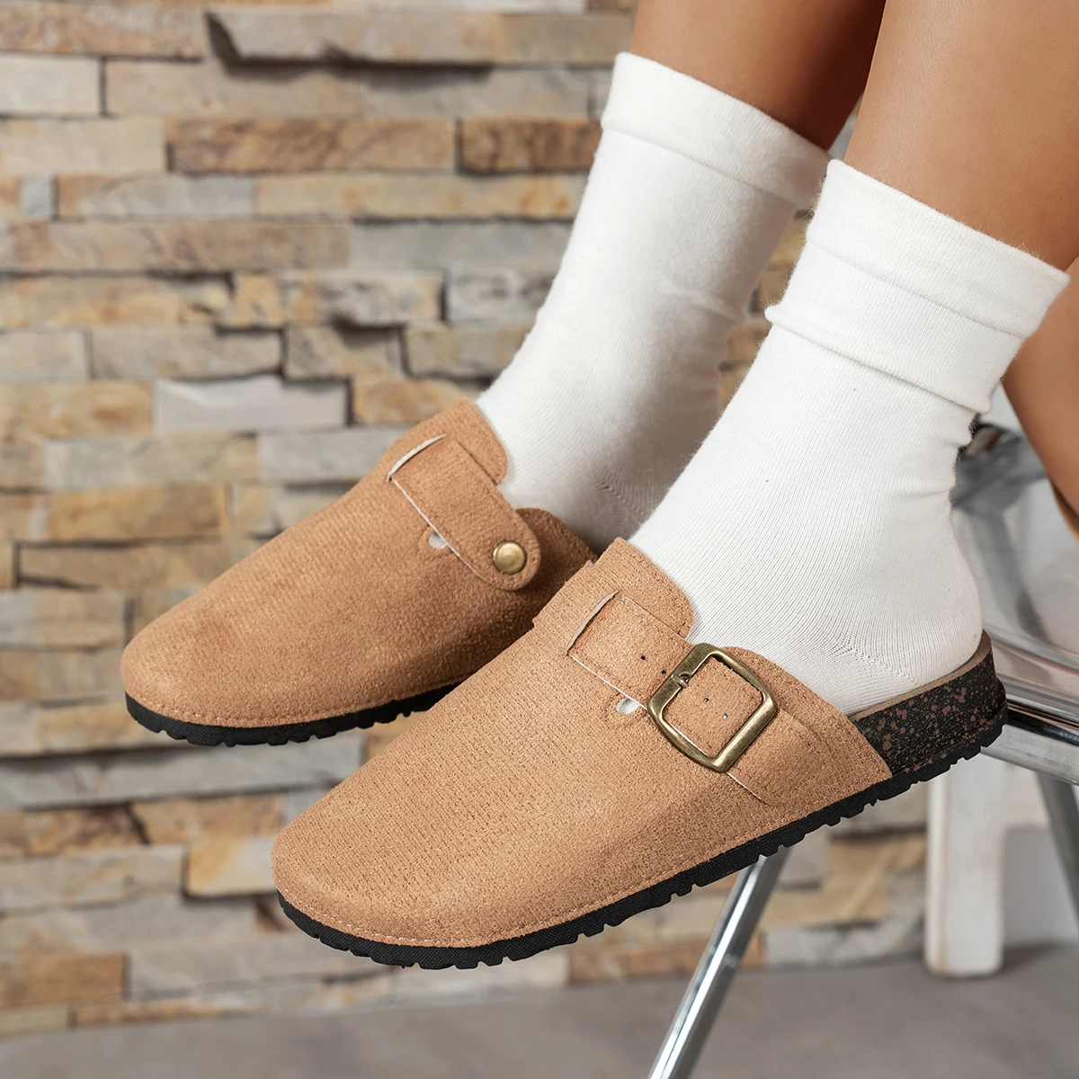 Women Suede Clog Mule Slippers Adjustable Buckle Closed Toe Backless Flat Indoor Outdoor Casual Shoes