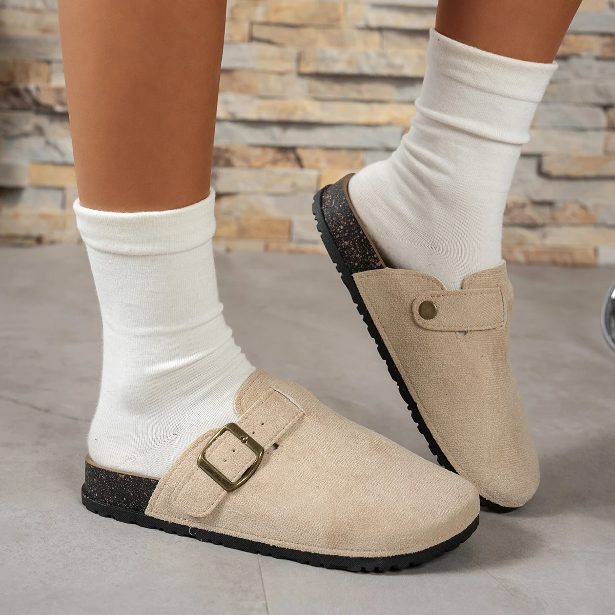 Women Suede Clog Mule Slippers Adjustable Buckle Closed Toe Backless Flat Indoor Outdoor Casual Shoes
