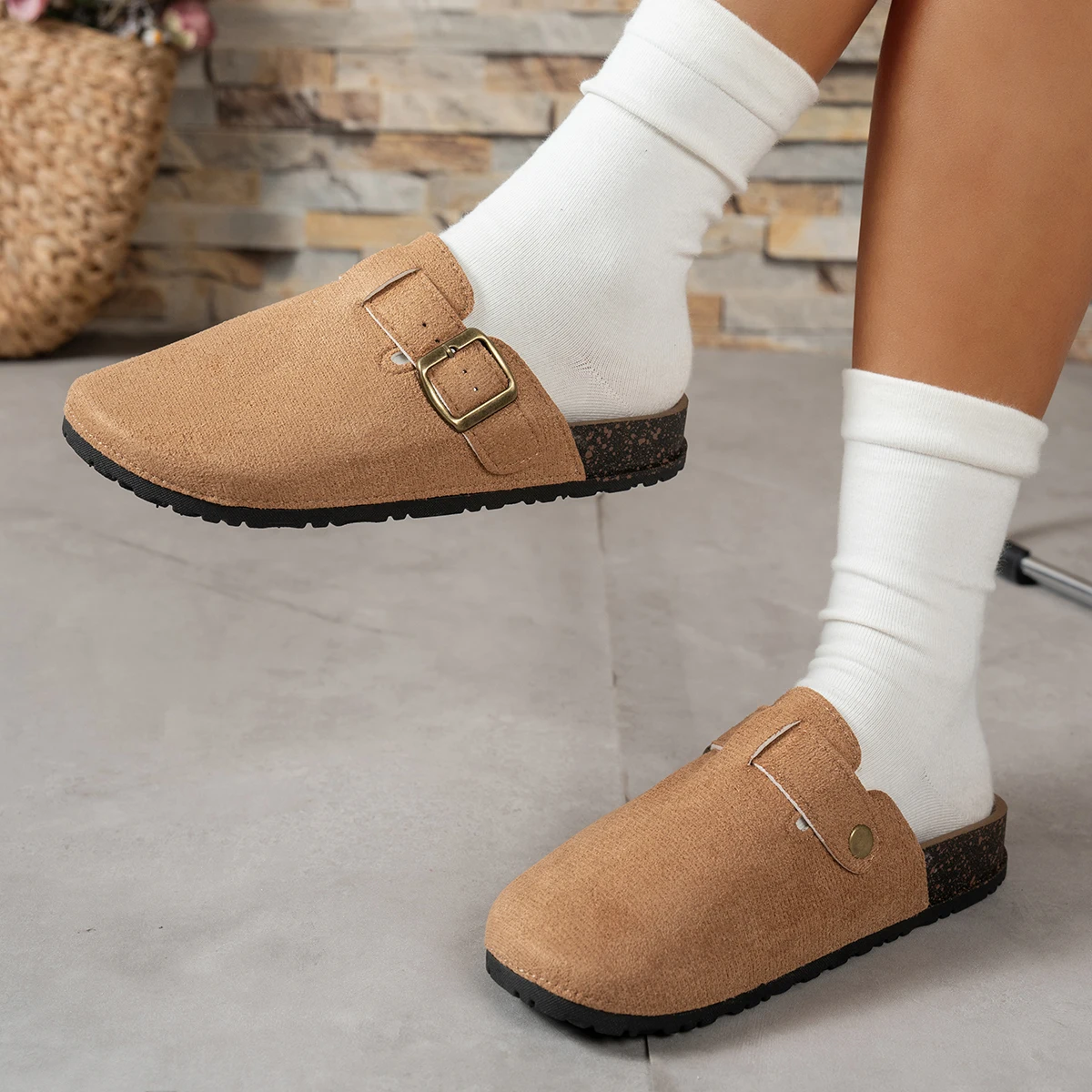 Women Suede Clog Mule Slippers Adjustable Buckle Closed Toe Backless Flat Indoor Outdoor Casual Shoes