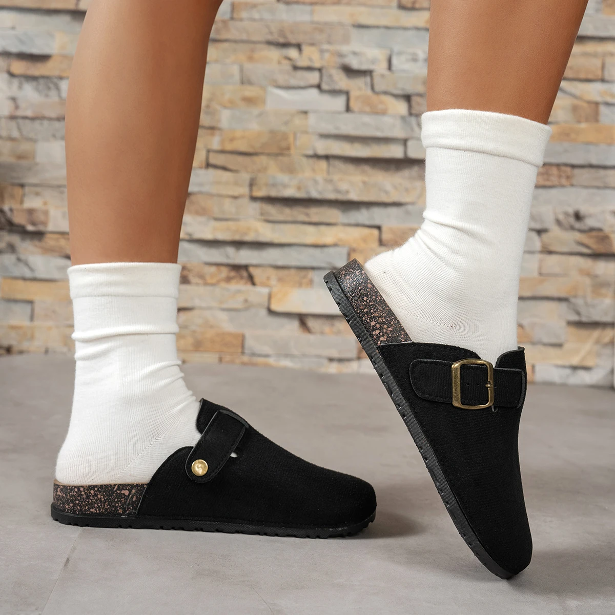 Women Suede Clog Mule Slippers Adjustable Buckle Closed Toe Backless Flat Indoor Outdoor Casual Shoes
