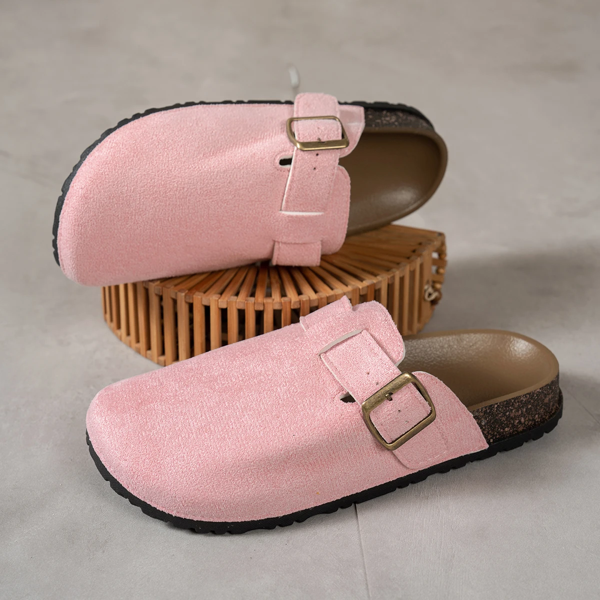 Women Suede Clog Mule Slippers Adjustable Buckle Closed Toe Backless Flat Indoor Outdoor Casual Shoes