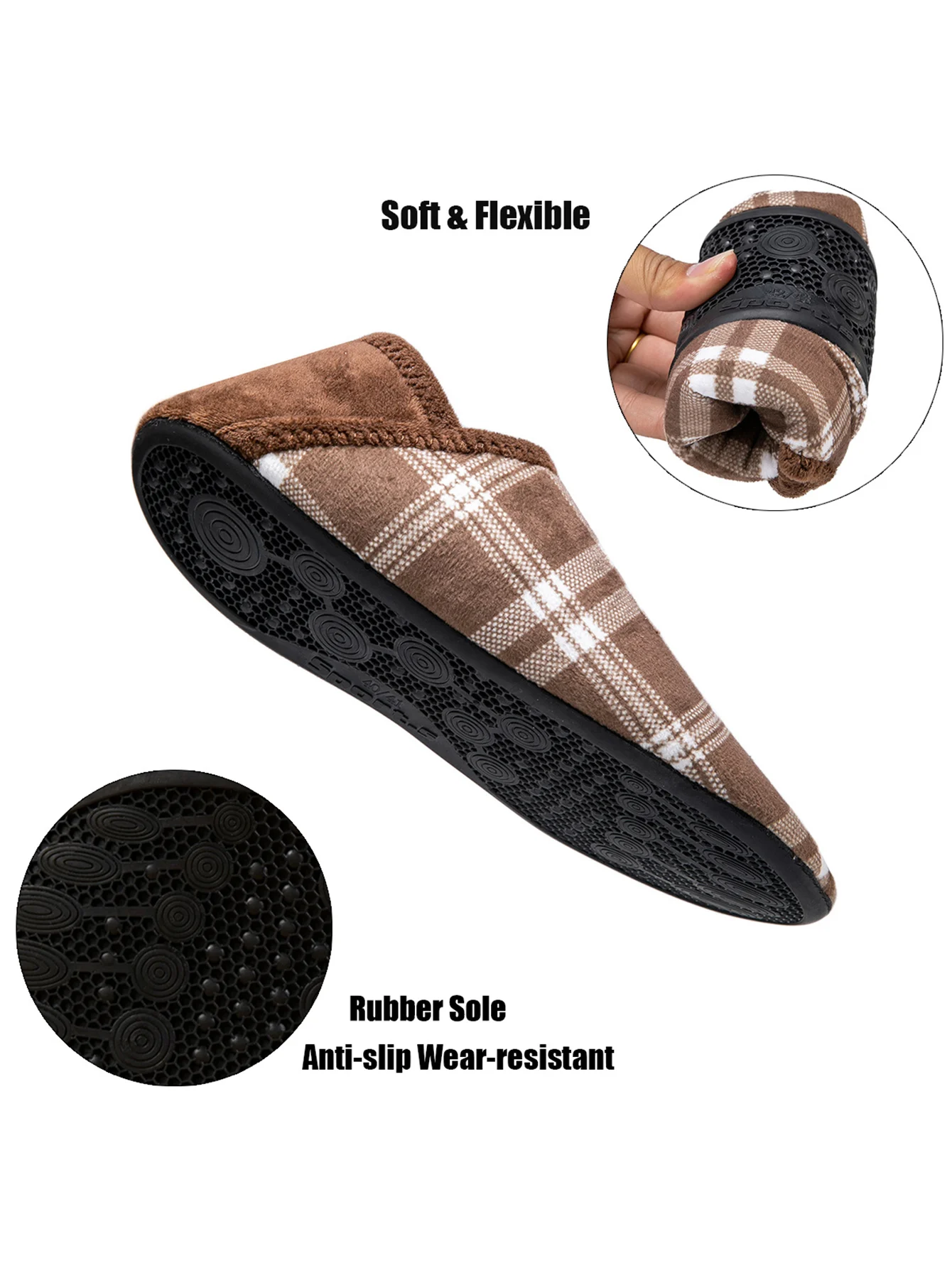 Warm Cotton Home Slippers Men Plaid Lightweight Indoor Shoes Non-Slip Rubber Sole Soft Bottom Cozy Bedroom House Moccasins