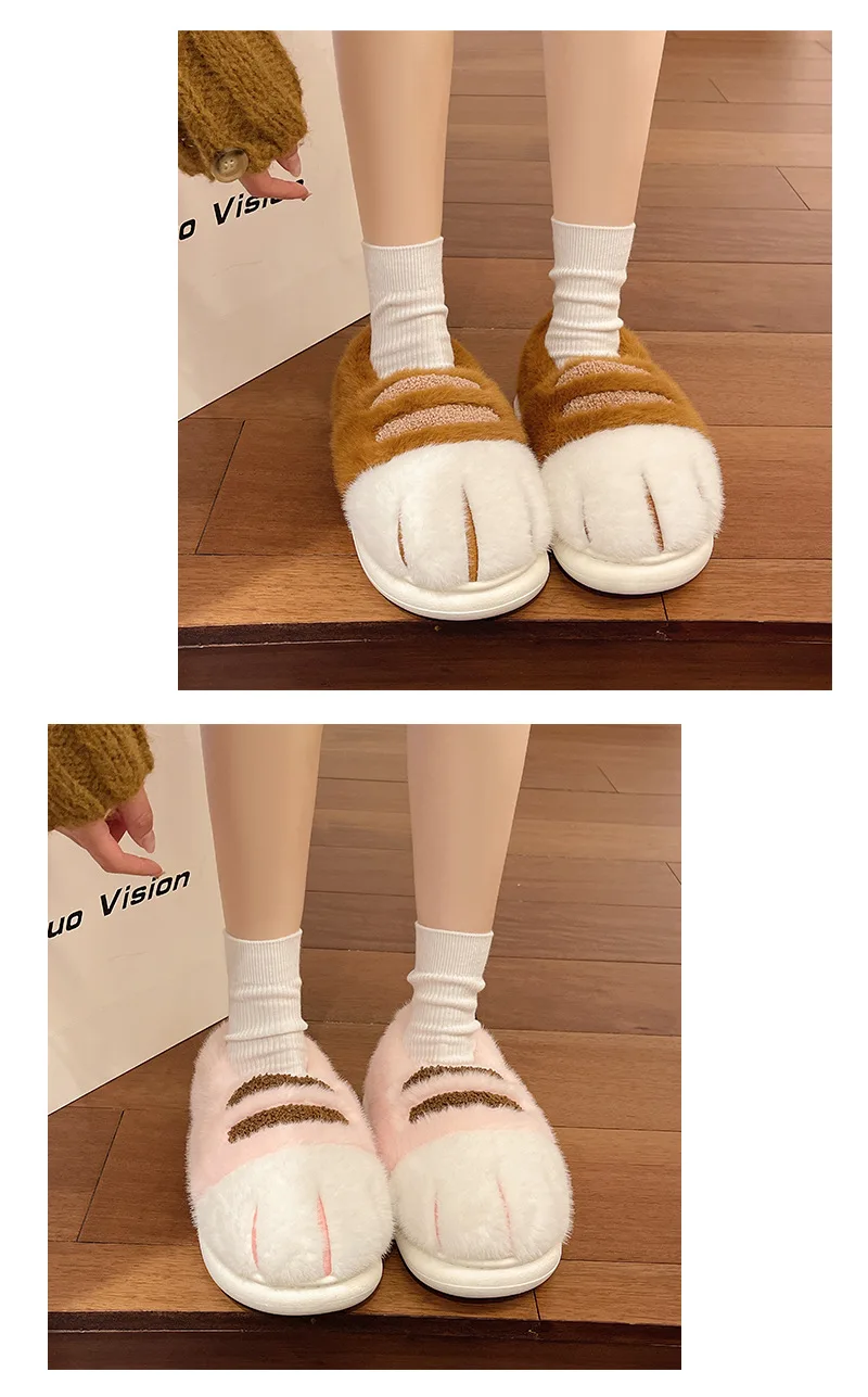 New Adorable Kitty Claw Slippers Women's Home Shoes Non Slip Furry Mules Female Fashion Warm Fluffy Slides Outdoor Cat Slippers