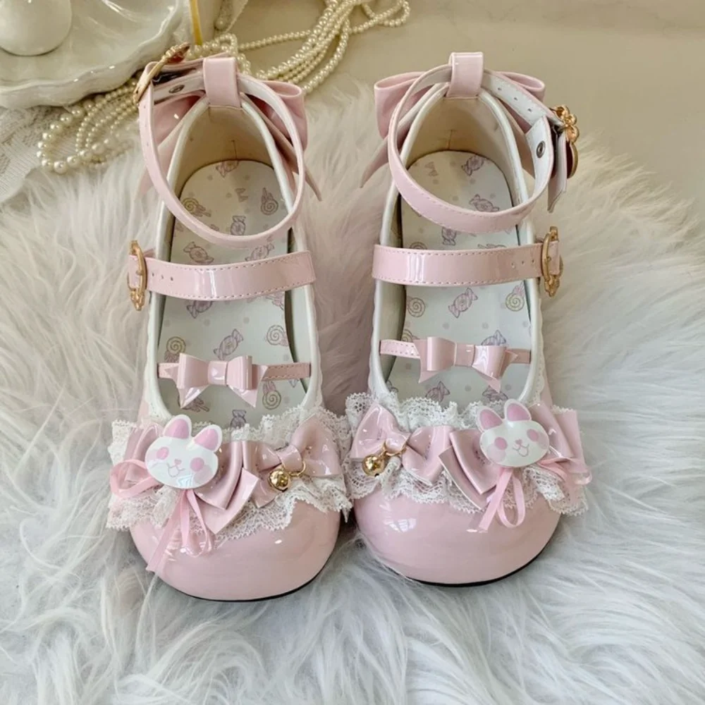 Cute Lolita Mary Jane Heels with Bunny Bows Lace and Bells for Cosplay and Tea Parties