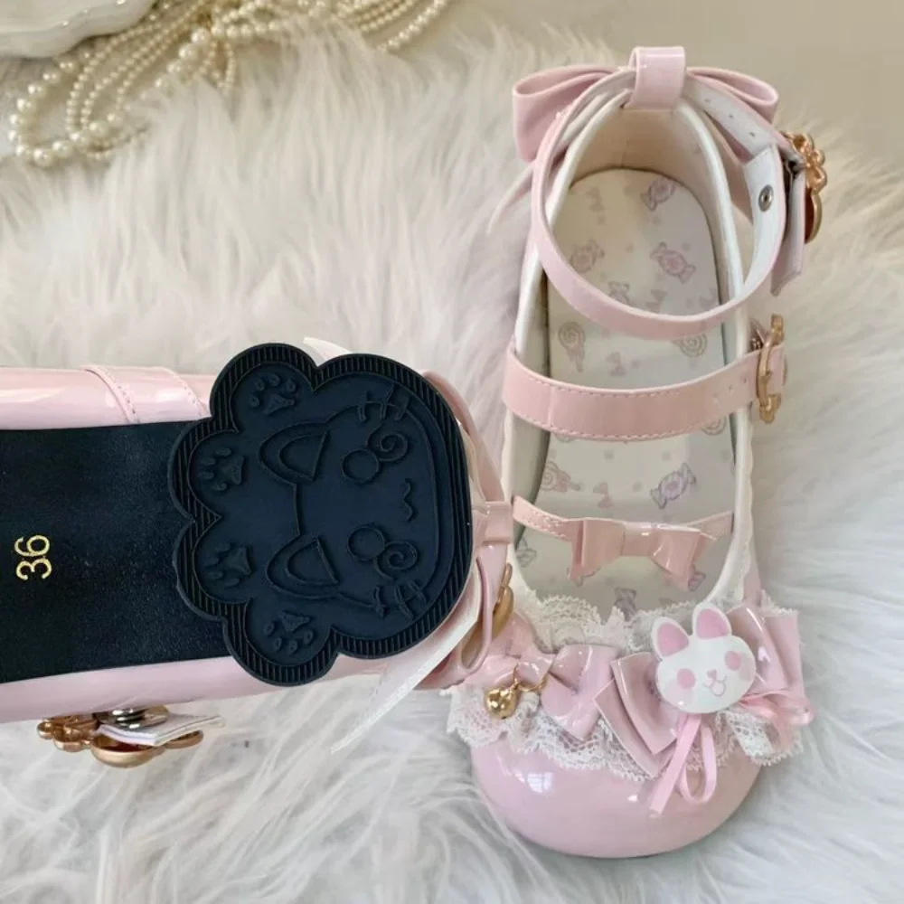 Cute Lolita Mary Jane Heels with Bunny Bows Lace and Bells for Cosplay and Tea Parties