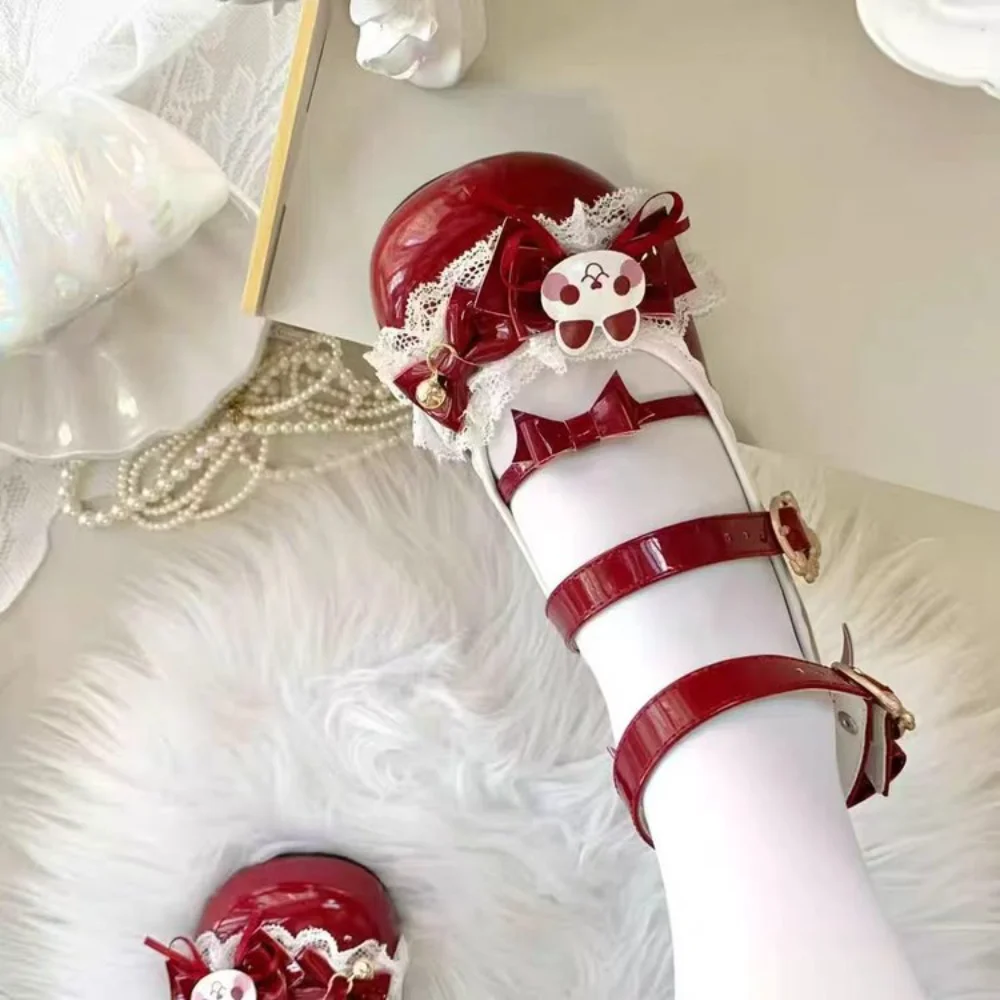 Cute Lolita Mary Jane Heels with Bunny Bows Lace and Bells for Cosplay and Tea Parties