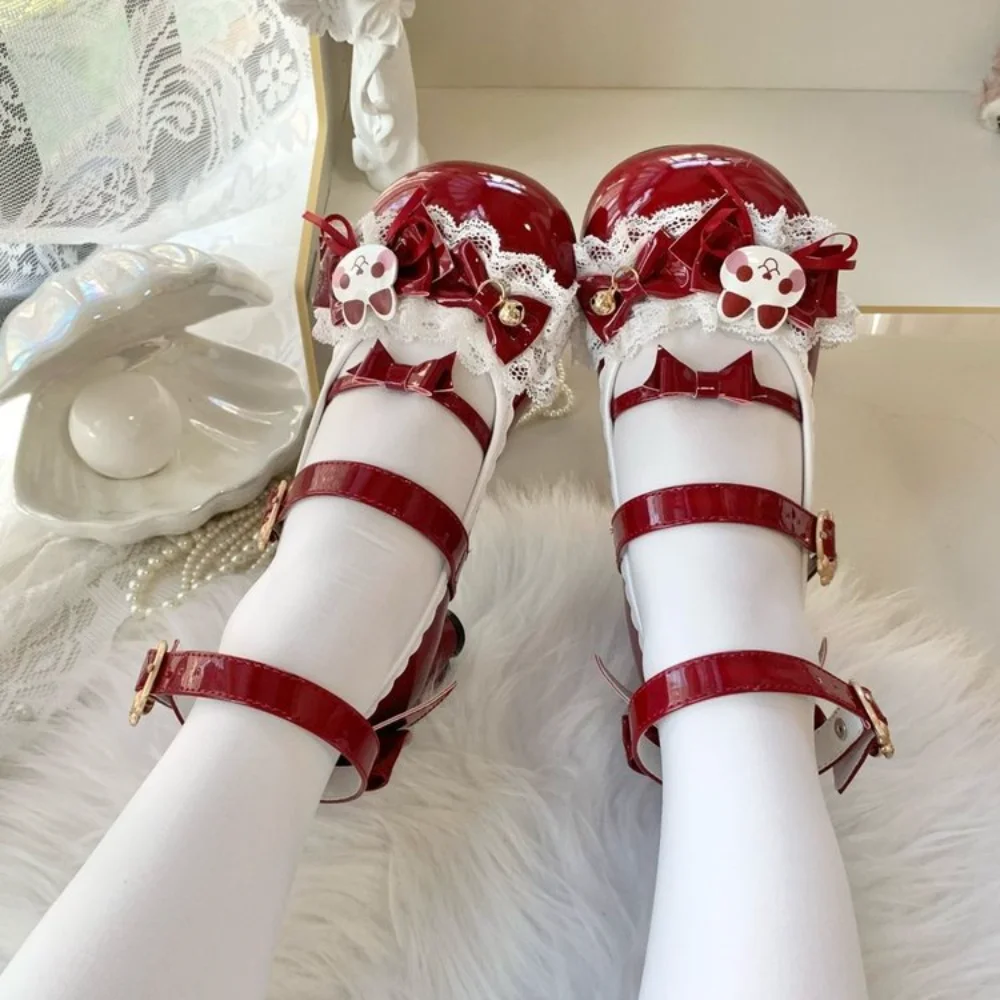 Cute Lolita Mary Jane Heels with Bunny Bows Lace and Bells for Cosplay and Tea Parties