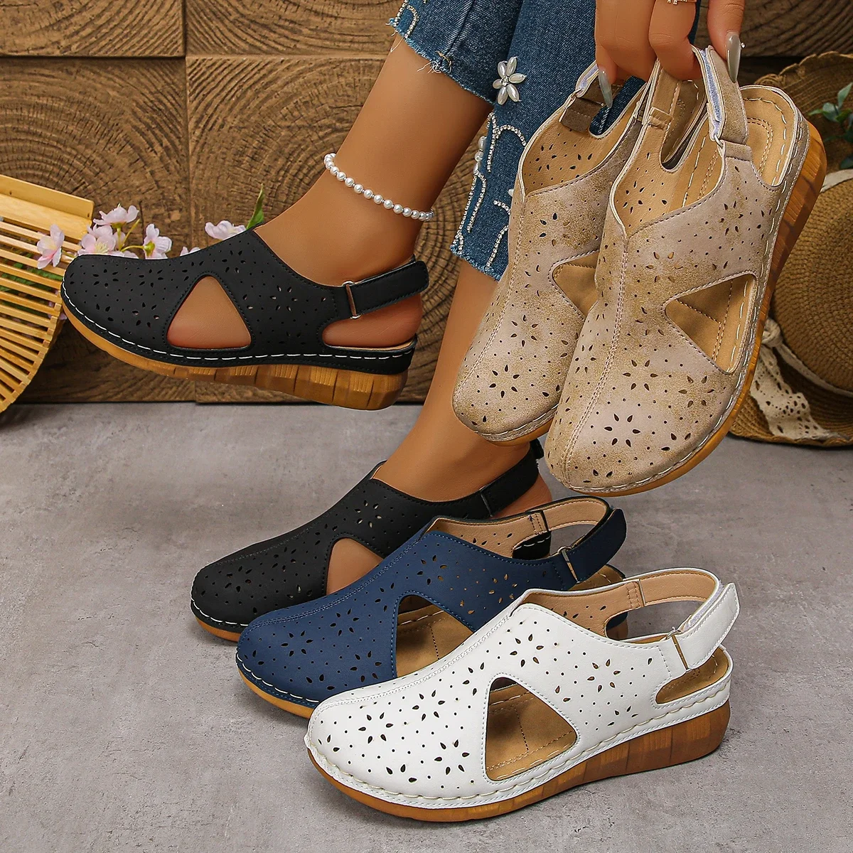 2026 New Women's Wedge Sandals Fashion Recessed Design, Retro-Style Beach Shoes Casual Sandals, Large-Sized Summer Women's Shoes
