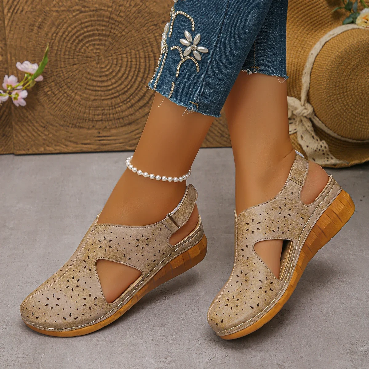 2026 New Women's Wedge Sandals Fashion Recessed Design, Retro-Style Beach Shoes Casual Sandals, Large-Sized Summer Women's Shoes