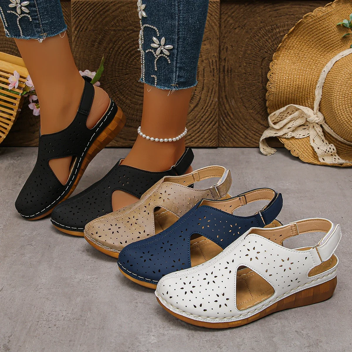 2026 New Women's Wedge Sandals Fashion Recessed Design, Retro-Style Beach Shoes Casual Sandals, Large-Sized Summer Women's Shoes