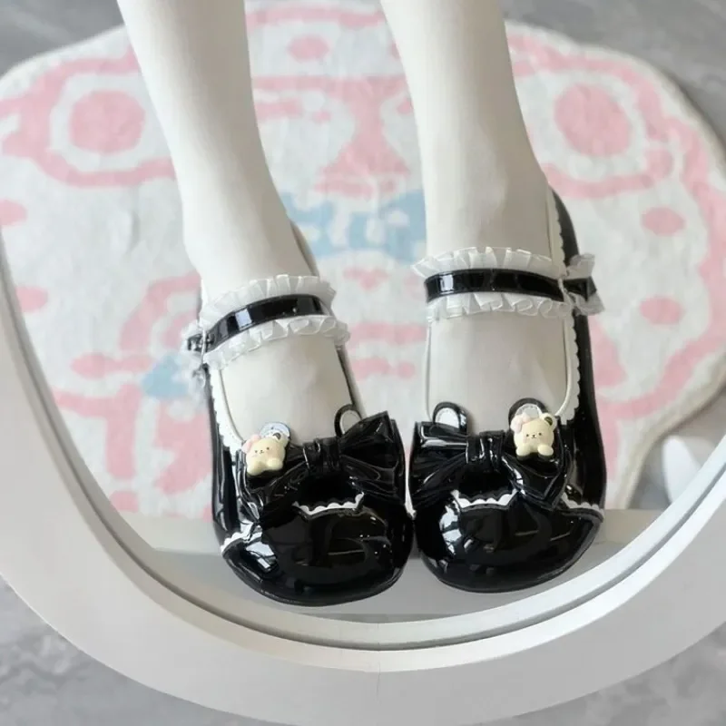 Women's Lolita Low Heel Pumps, Round Toe Ballet Style Leather Shoes, Bow Suitable for Daily/Cosplay/Party Wear.