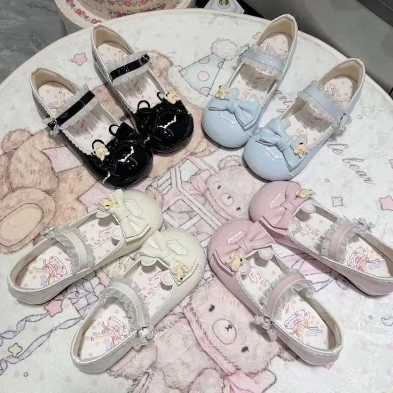 Women's Lolita Low Heel Pumps, Round Toe Ballet Style Leather Shoes, Bow Suitable for Daily/Cosplay/Party Wear.