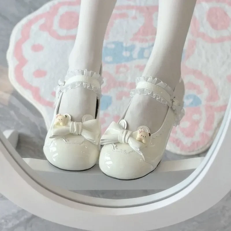 Women's Lolita Low Heel Pumps, Round Toe Ballet Style Leather Shoes, Bow Suitable for Daily/Cosplay/Party Wear.