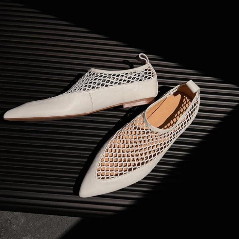 Womens Mesh Flats Pointed Toe Slip On Comfort Walking Shoes Hollow Out Breathable Loafers Smooth Leather Minimalist Elegant Chic