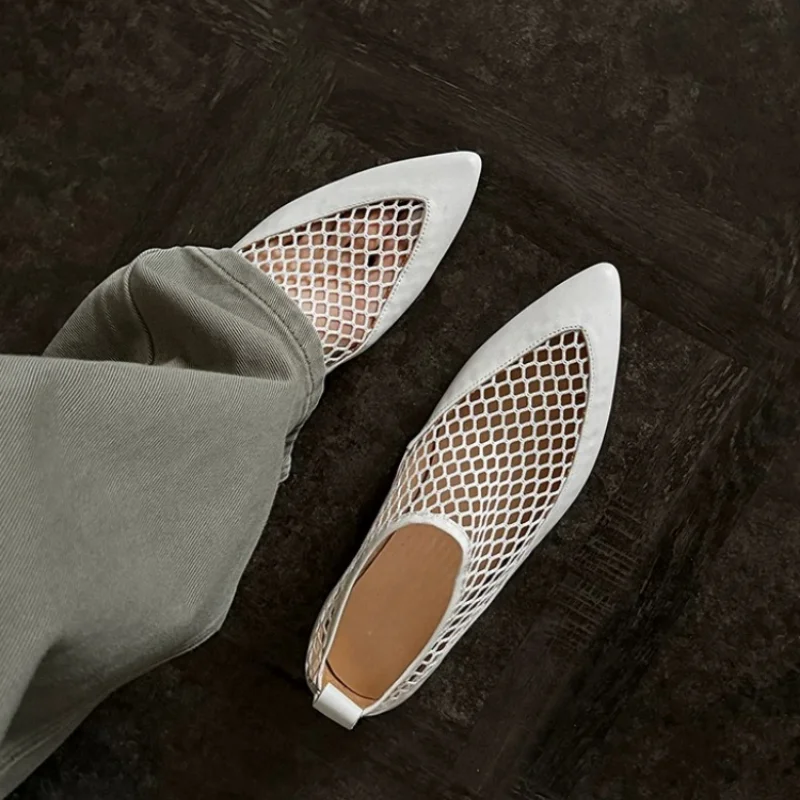 Womens Mesh Flats Pointed Toe Slip On Comfort Walking Shoes Hollow Out Breathable Loafers Smooth Leather Minimalist Elegant Chic