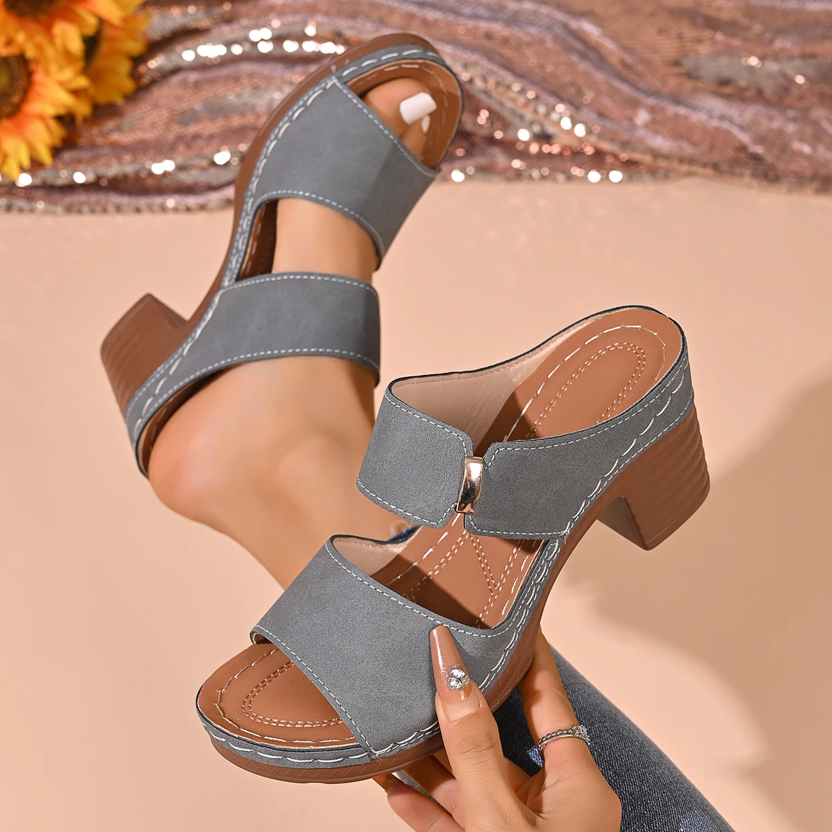 Women Summer Lightweight Hollow Sandals High Heels New Dress Chunky Open Toe Slippers Female Casual Slingback Slides Shoes