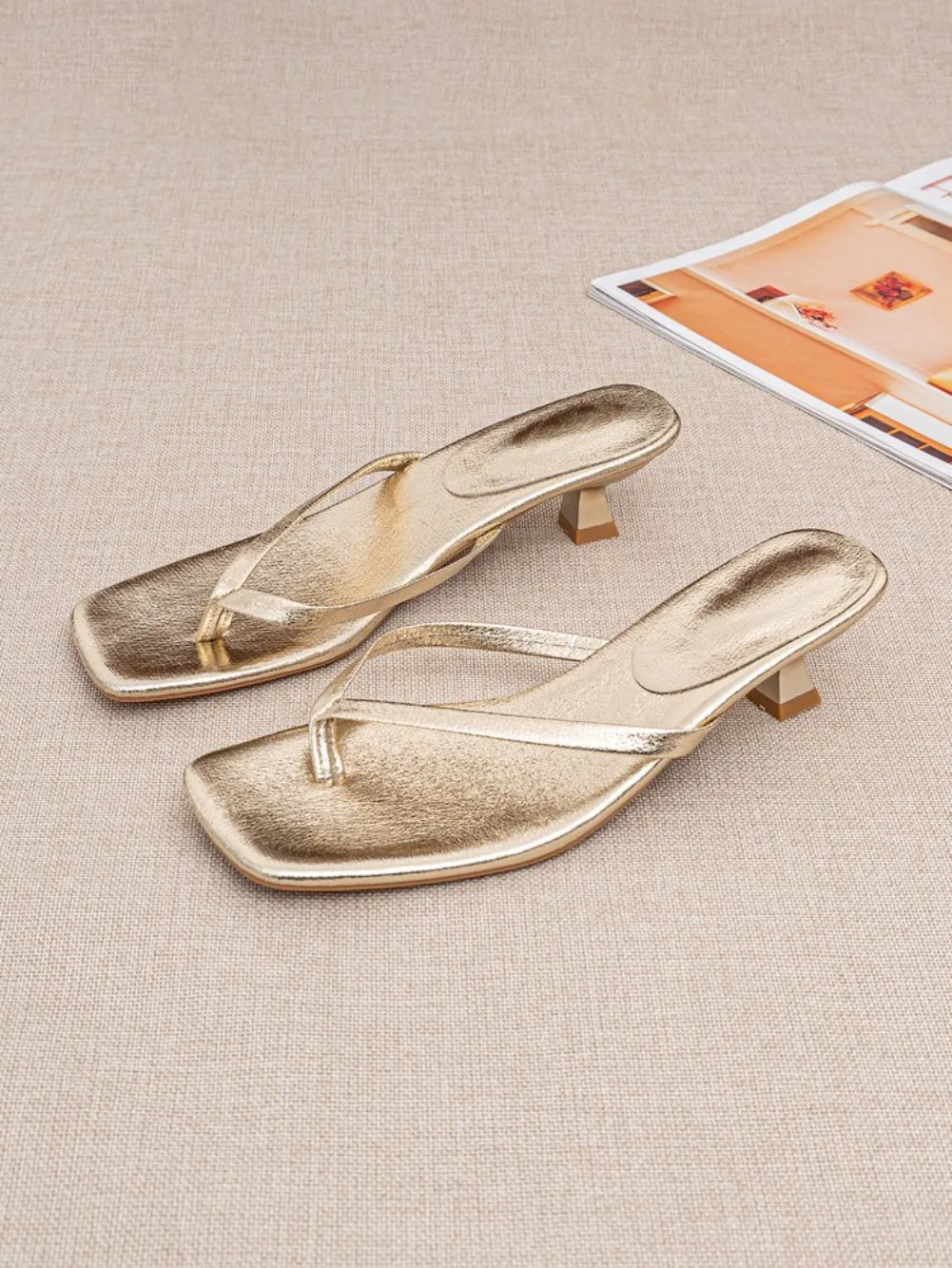 Women Slippers Fashion Square Toe Designer Pinch Toe Sandals 2026Summer New Women Flip-flops Quality Leather High-heel Slippers