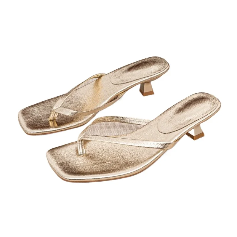 Women Slippers Fashion Square Toe Designer Pinch Toe Sandals 2026Summer New Women Flip-flops Quality Leather High-heel Slippers