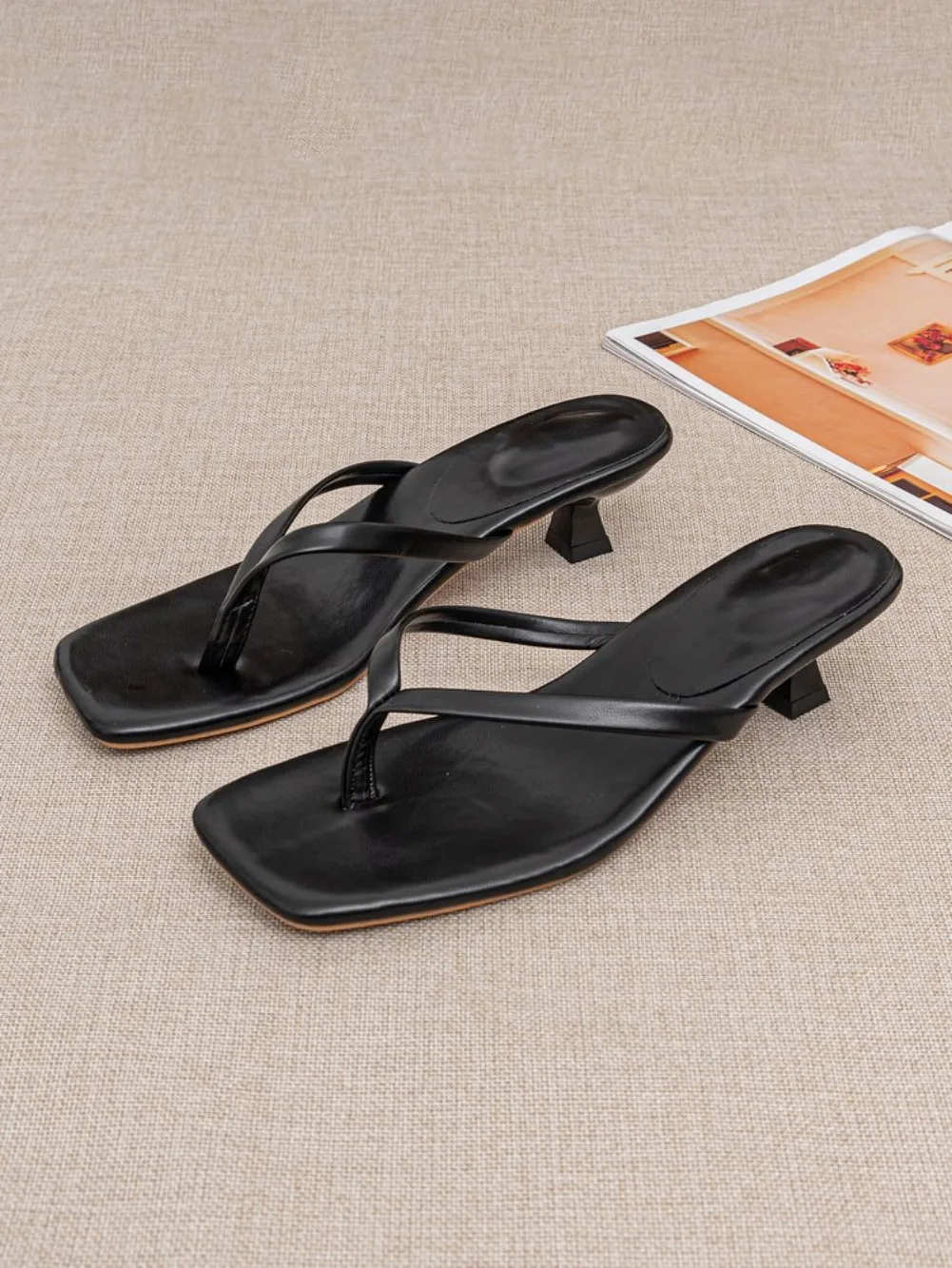 Women Slippers Fashion Square Toe Designer Pinch Toe Sandals 2026Summer New Women Flip-flops Quality Leather High-heel Slippers