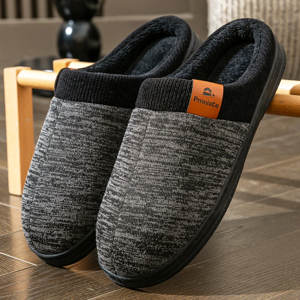 Winter Warm Men's Home Knitted Splicing Slippers TPR Anti slip Flat Shoes Comfortable and Soft Indoor Shoes