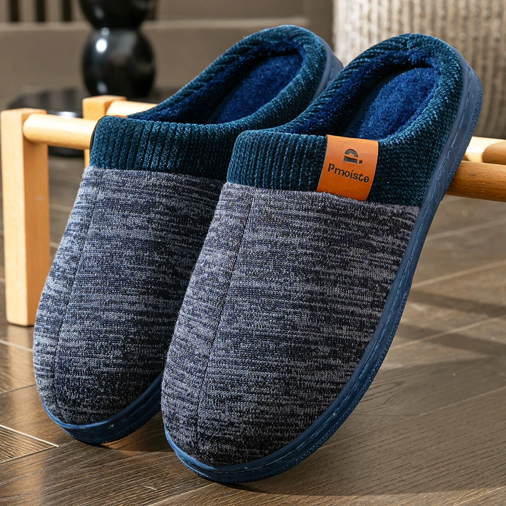 Winter Warm Men's Home Knitted Splicing Slippers TPR Anti slip Flat Shoes Comfortable and Soft Indoor Shoes