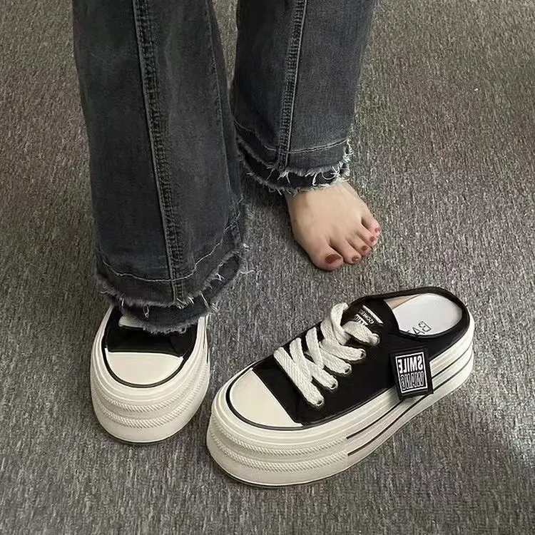 2025 Summer New Thick Slippers Fashion Casual Women Canvas Bottom Heightening Sandals Female Indoor Baotou Low Sneakers