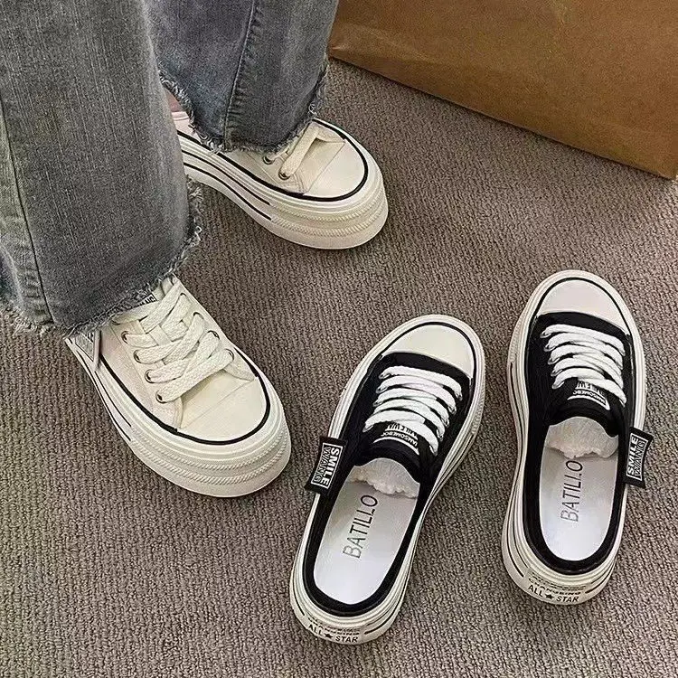 2025 Summer New Thick Slippers Fashion Casual Women Canvas Bottom Heightening Sandals Female Indoor Baotou Low Sneakers