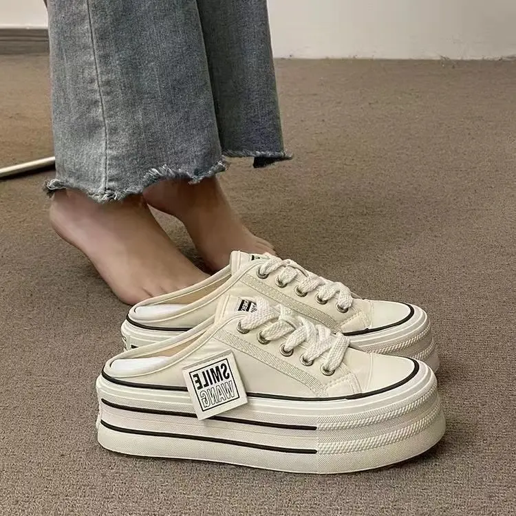 2025 Summer New Thick Slippers Fashion Casual Women Canvas Bottom Heightening Sandals Female Indoor Baotou Low Sneakers