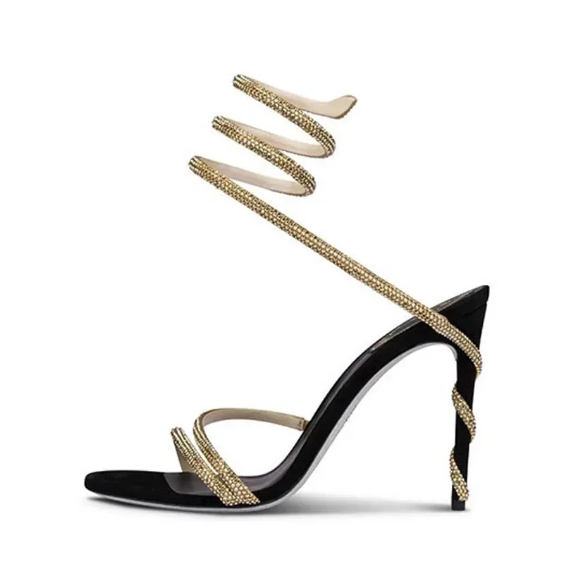 Aneikeh Star Style Luxury Crystal Snake Coiled Ankle Strap Lady Gladiator Sandals Sexy Stiletto High Heel Summer Party Prom Shoe