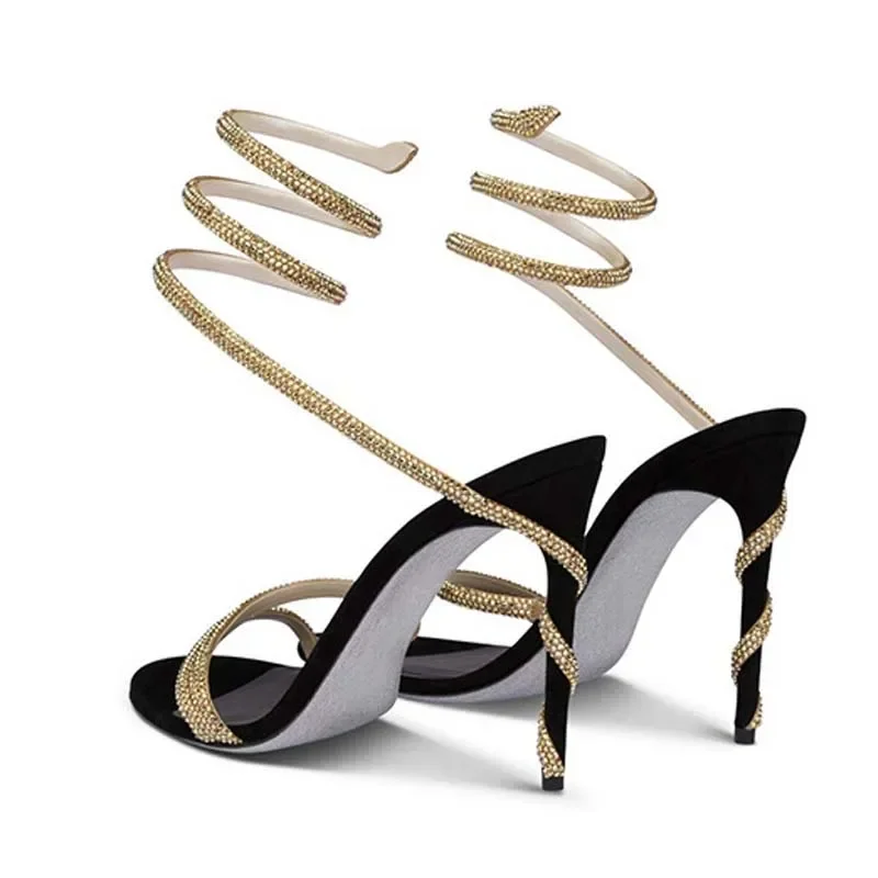 Aneikeh Star Style Luxury Crystal Snake Coiled Ankle Strap Lady Gladiator Sandals Sexy Stiletto High Heel Summer Party Prom Shoe